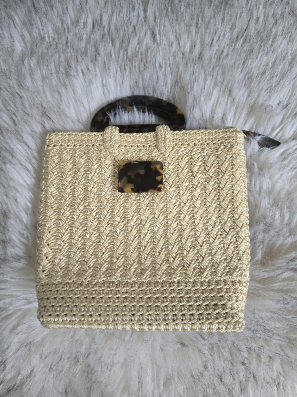 Woven Mini Top-Handle Bag in Natural Cream with Tortoiseshell Accent
